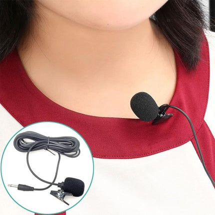 Clip-On Microphone for Everyday Presentations and Meetings clipped to clothing with foam windscreen and cable for clear voice in meetings and classes