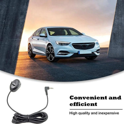 Car Bluetooth Microphone for Hands-Free Driving Calls attached to dashboard with car in background, omnidirectional microphone for clear hands-free calls