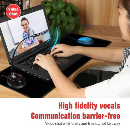 HXSJ 360-Degree Bendable USB Computer Microphone for Everyday Audio on desk during video chat showing flexible gooseneck and laptop use