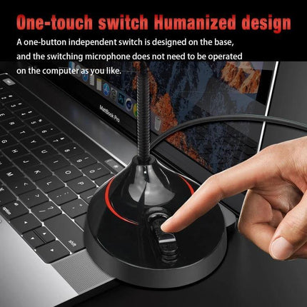 HXSJ 360-Degree Bendable USB Computer Microphone for Everyday Audio showing one-touch switch on bendable gooseneck base next to laptop