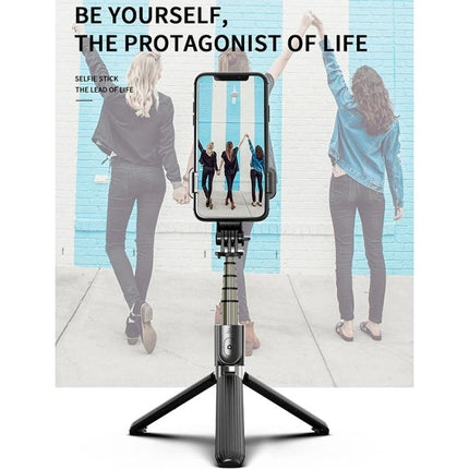 Foldable Tripod Selfie Stick for Daily Outings and Travel showing phone mounted on tripod capturing friends walking
