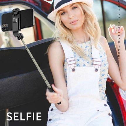 Foldable Tripod Selfie Stick for Daily Outings and Travel — woman taking hands-free selfie with phone on compact tripod stick