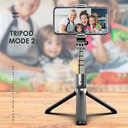 Foldable Tripod Selfie Stick for Daily Outings and Travel showing phone mounted on tripod for family group selfie, compact hands-free setup