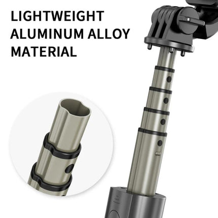 Foldable Tripod Selfie Stick for Daily Outings and Travel showing lightweight aluminum alloy telescoping shaft and adjustable joints