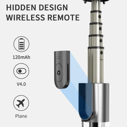 Foldable Tripod Selfie Stick for Daily Outings and Travel showing hidden wireless remote, 120mAh battery, V4.0 Bluetooth and compact travel-friendly design