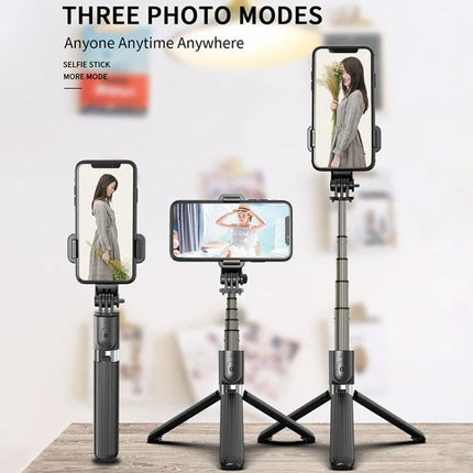 Foldable Tripod Selfie Stick for Daily Outings and Travel showing three photo modes with phones mounted on tripod and extended selfie stick