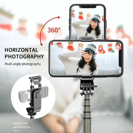 Foldable Tripod Selfie Stick for Daily Outings and Travel showing phone mounted for horizontal 360° photography and hands-free group shots