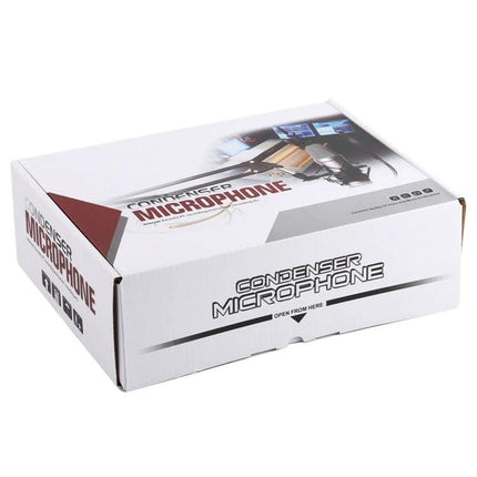 Condenser Microphone for Daily Home Recordings and Calls packaged in retail box showing product branding and shockproof mount features