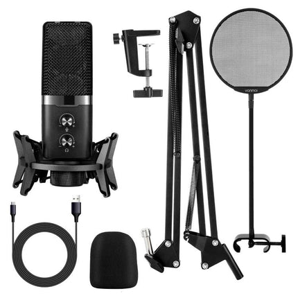 Yanmai Microphone Kit for Everyday Home Audio Recordings - black condenser mic with boom arm, pop filter, shock mount, USB cable and foam windscreen