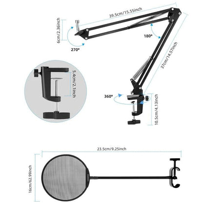 Yanmai Microphone Kit for Everyday Home Audio Recordings adjustable scissor arm stand with clamp and pop filter, dimensions shown