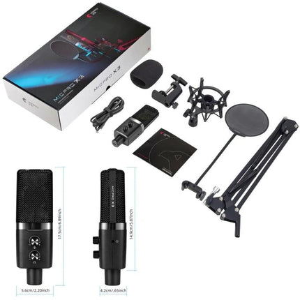 Yanmai Microphone Kit for Everyday Home Audio Recordings showing microphone, shock mount, pop filter, boom arm, cable and packaging