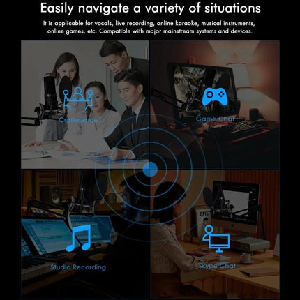 Yanmai Microphone Kit for Everyday Home Audio Recordings - home setup showing conference, game chat, studio recording, and Skype chat scenarios