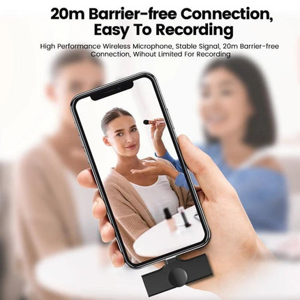 Clip-On Lavalier Microphone for Daily Mobile Streaming Sessions – woman vlogging with clip-on mic and phone showing makeup tutorial