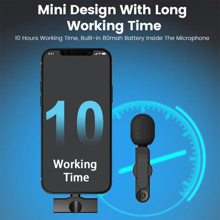 Clip-On Lavalier Microphone for Daily Mobile Streaming Sessions - mini clip mic next to smartphone showing 10 hours working time