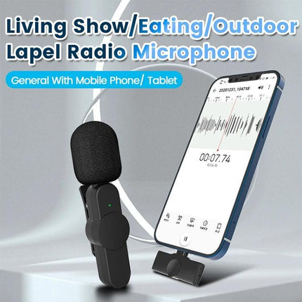 Compact Lavalier Microphone for Daily Mobile Recordings and Calls clipped to phone with foam windscreen for vlog interviews and hands-free noisy environments