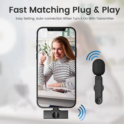 Compact Lavalier Microphone for Daily Mobile Recordings and Calls - clip-on wireless lav mic next to smartphone showing vlogger giving thumbs up