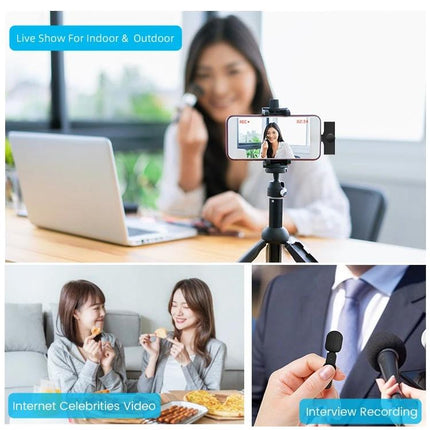 Compact Lavalier Microphone for Daily Mobile Recordings and Calls clipped to phone tripod for clear vlogs, interviews and hands-free noisy-environment calls