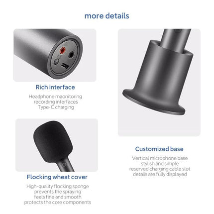 Xiaomi Mijia Microphone for Home Karaoke Gatherings showcasing Type-C, headphone jack, foam windscreen and custom stand