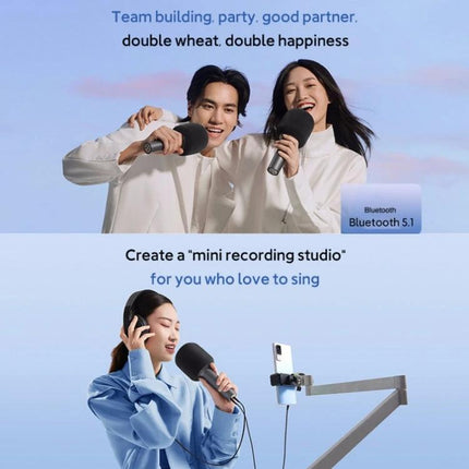 Xiaomi Mijia Microphone for Home Karaoke Gatherings – two people singing with wireless mics at a home karaoke session