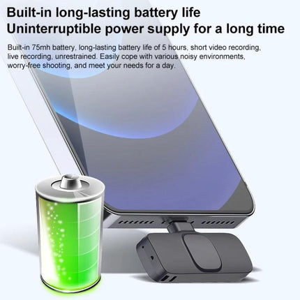 Lavalier Microphone for Everyday Video Calls and Recordings - Type-C lavalier plugged into phone with long-lasting battery icon