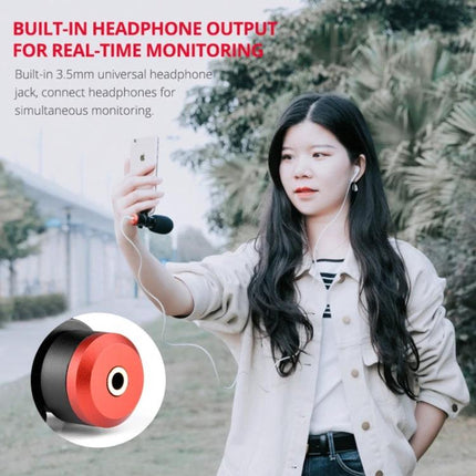 YELANGU Microphone for Everyday Live Streaming and Recordings - smartphone user live-streaming outdoors with built-in headphone monitoring jack