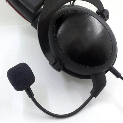 Replacement Microphone for HyperX Cloud II and Cloud Sliver Headsets shown attached to headset with foam windscreen, flexible boom mic for gaming and calls