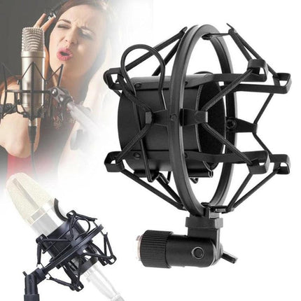 Essential Holder for Steady Audio Setups at Home — black microphone shock mount securing mic to reduce vibrations for home podcasting and recordings