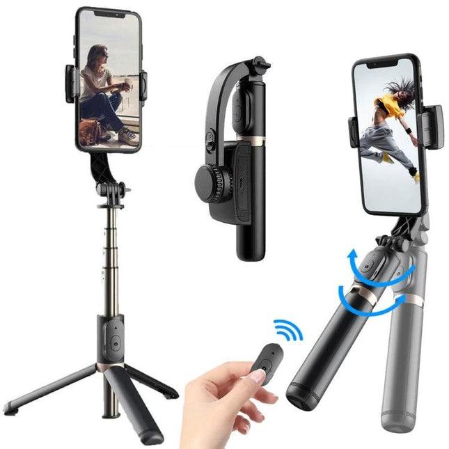 Stabilizer Selfie Stick for Daily Photo and Video Moments shown as tripod, handheld stabilizer, and Bluetooth remote for steady shots