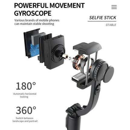 Stabilizer Selfie Stick for Daily Photo and Video Moments showing gyroscope components, 180° horizontal locking and 360° rotation for steady shots