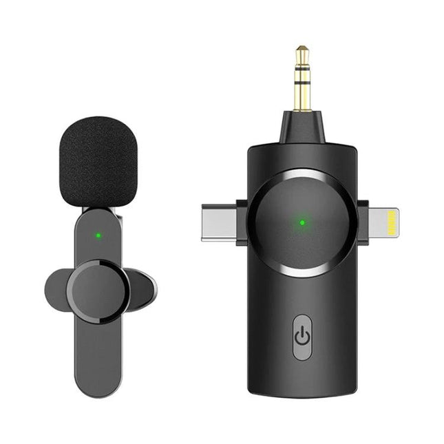 Compact Lavalier Microphone for Everyday Video Recordings - wireless clip-on lavalier with foam windscreen and multi-connector receiver