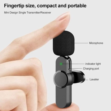 Compact Lavalier Microphone for Everyday Video Recordings - fingertip-size wireless lavalier with foam windscreen, indicator light, charging port and clip
