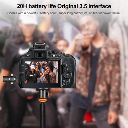 Compact Lavalier Microphone for Everyday Video Recordings shown clipped to a camera recording a group vlog with wireless connection