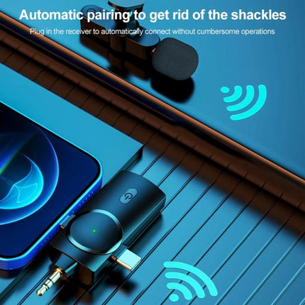 Compact Lavalier Microphone for Everyday Video Recordings wireless lavalier with automatic pairing receiver next to smartphone