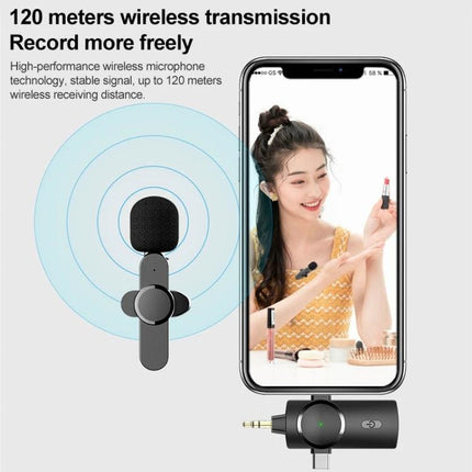Compact Lavalier Microphone for Everyday Video Recordings showing wireless mic, phone recording makeup tutorial, up to 120m range