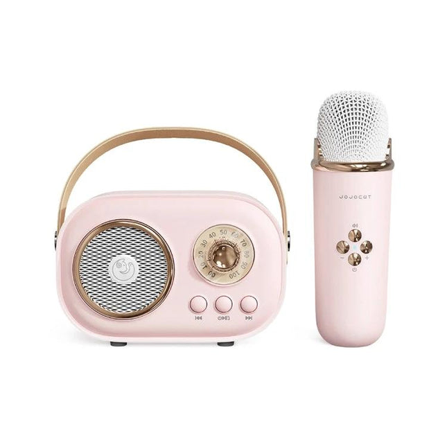 Bluetooth Speaker for Home Gatherings and Daily Music Listening - pink retro portable speaker with handle and matching wireless microphone