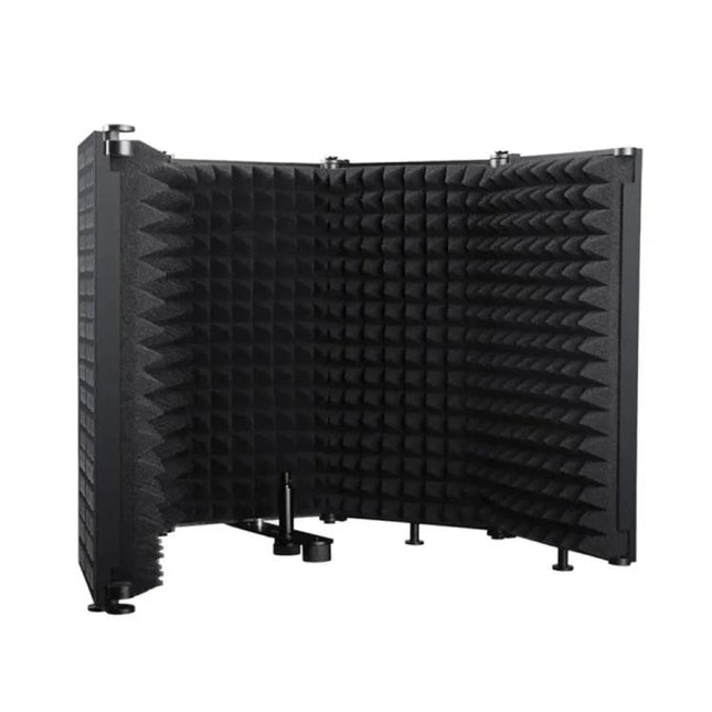XTUGA Microphone Shield for Daily Home Recording Sessions shown set up on a desk to reduce room echoes and improve vocal recordings