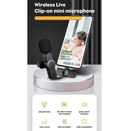 Lavalier Microphone for Daily Streaming and Interviews clipped mini wireless mic next to smartphone for live streaming and interviews