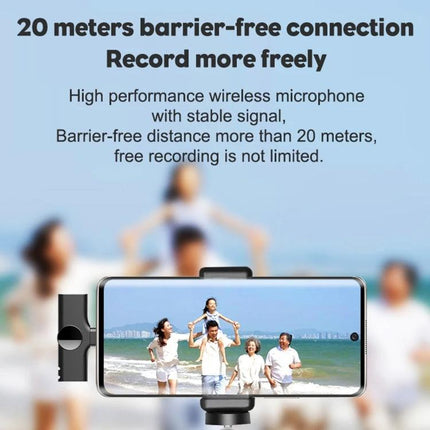 Lavalier Microphone for Daily Streaming and Interviews wireless 20 meters barrier-free connection showing phone recording family on beach
