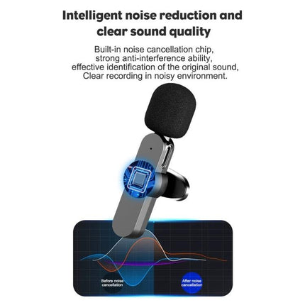 Lavalier Microphone for Daily Streaming and Interviews showing clip-on mic with foam windscreen and noise reduction visualization