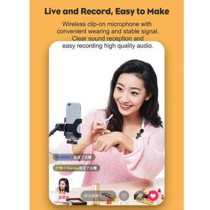 Lavalier Microphone for Daily Streaming and Interviews clipped to collar while woman livestreams from smartphone