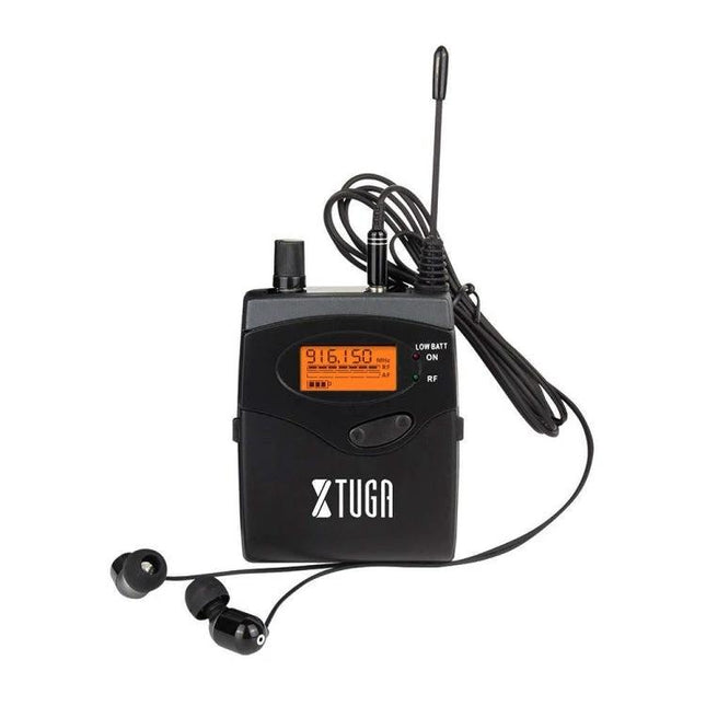 XTUGA In-Ear Audio System for Stage Performers and Musicians black bodypack monitor with earphones and antenna for live stage monitoring
