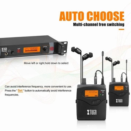 XTUGA In-Ear Audio System for Stage Performers and Musicians showing wireless bodypack transmitters, in-ear monitors and rack receiver