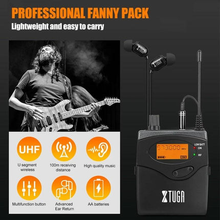 XTUGA In-Ear Audio System for Stage Performers and Musicians headset pack with wireless bodypack, earbuds and pro fanny pack for live gigs