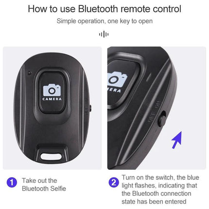 Compact Wireless Bluetooth One-Button Selfie Remote for Smartphones showing black one-button remote with camera icon and power switch