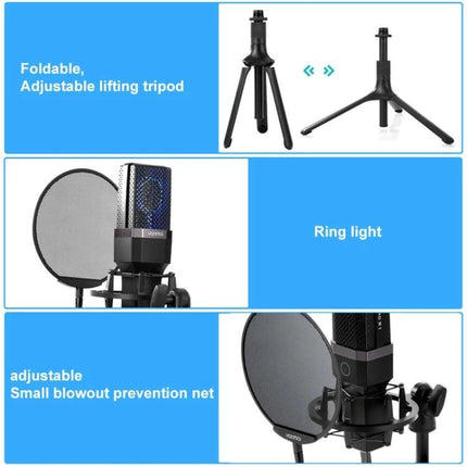 Yanmai Microphone Set for Everyday Home Recording Tasks showing microphone, pop filter, tripod and ring light for clear home recordings