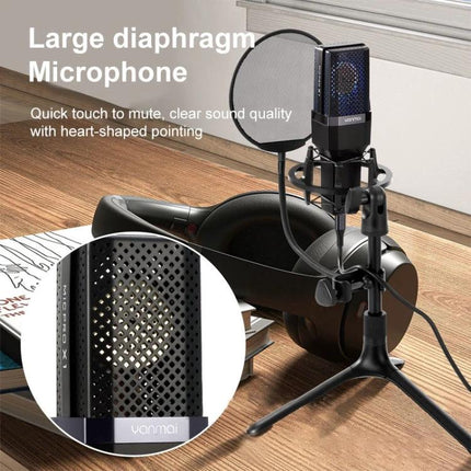Yanmai Microphone Set for Everyday Home Recording Tasks - large diaphragm mic on desk with pop filter and headphones
