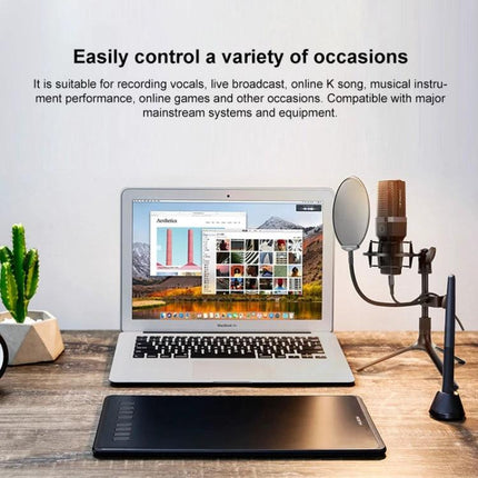 Yanmai Microphone Set for Everyday Home Recording Tasks on desk with laptop, pop filter, and tablet for podcasting and virtual meetings