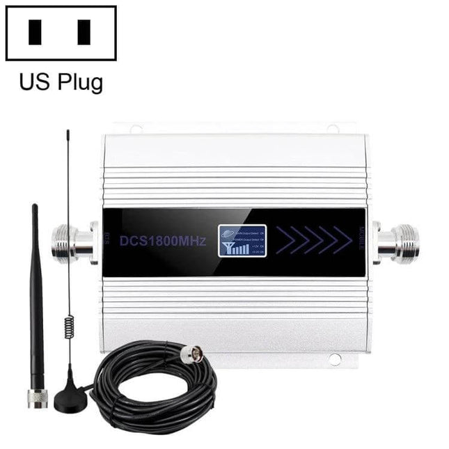 Silver 4G LTE Phone Signal Repeater with US Plug for Indoor Coverage — 1800MHz indoor booster with antenna and coax cable