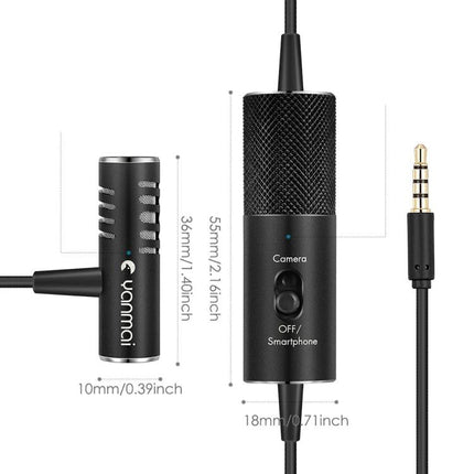 Essential Clip-On Microphone for Everyday Video and Event Use - compact lavalier mic with switch, 3.5mm jack, dimensions shown