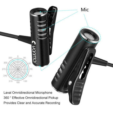 Essential Clip-On Microphone for Everyday Video and Event Use shown as compact lavalier with clip and 360° omnidirectional pickup